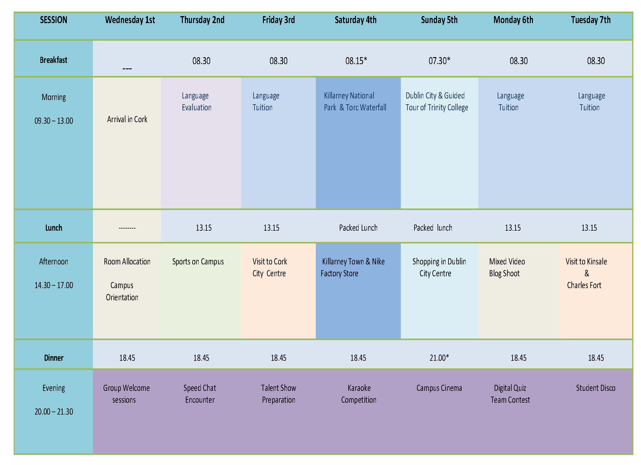 calendario semanal verano en Cork jovenes